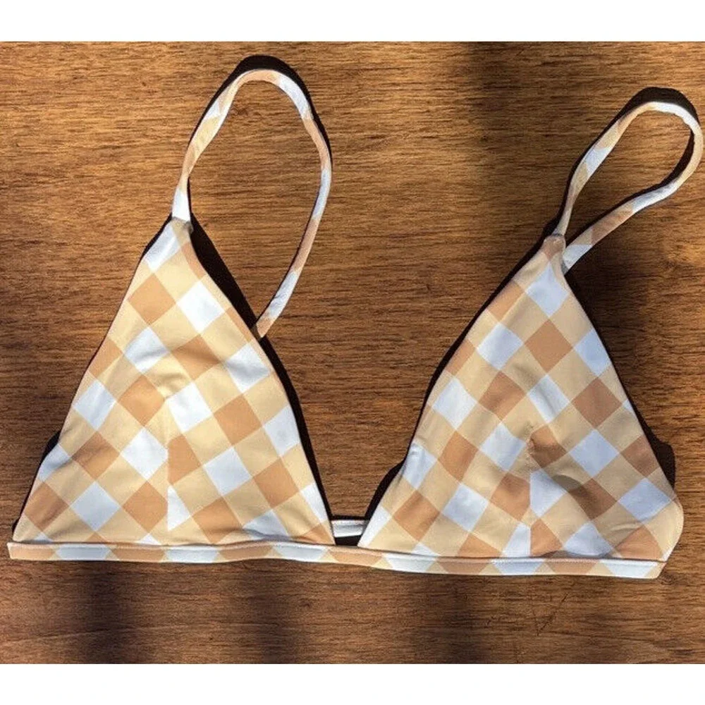 Toast Swim Gold Gingham Signature Triangle Top S - Picture 1 of 6